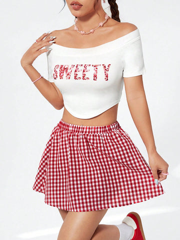 Women's Letter Printed Off Shoulder Top And Plaid Skirt Set