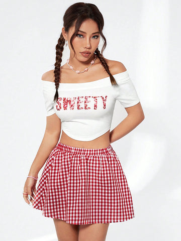 Women's Letter Printed Off Shoulder Top And Plaid Skirt Set