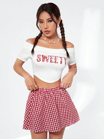 Women's Letter Printed Off Shoulder Top And Plaid Skirt Set