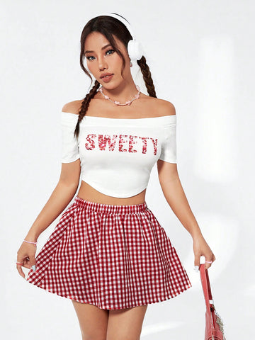 Women's Letter Printed Off Shoulder Top And Plaid Skirt Set