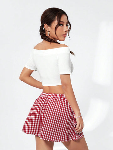 Women's Letter Printed Off Shoulder Top And Plaid Skirt Set