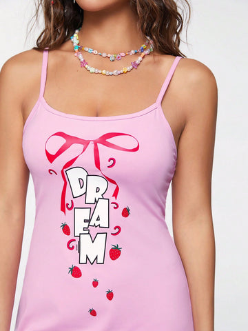 Women's Letter & Strawberry Printed Spaghetti Strap Dress