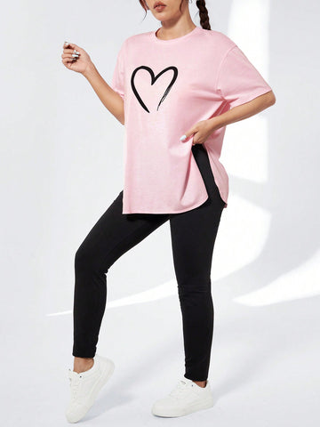 Women's Love Heart Print Round Neck T-Shirt And Pants Set