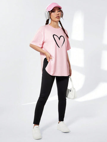 Women's Love Heart Print Round Neck T-Shirt And Pants Set