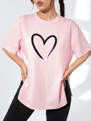 Women's Love Heart Print Round Neck T-Shirt And Pants Set