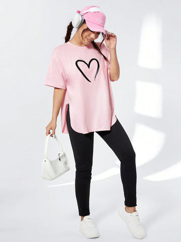 Women's Love Heart Print Round Neck T-Shirt And Pants Set