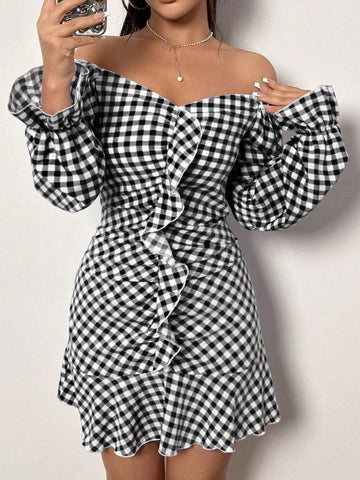 Women's One Shoulder Gingham Print Dress With Ruffle Detail