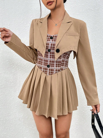 Women's Plaid Patchwork Spaghetti Strap Dress With Short Jacket Two Piece Set