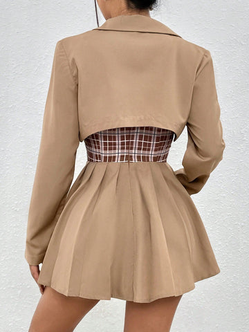Women's Plaid Patchwork Spaghetti Strap Dress With Short Jacket Two Piece Set