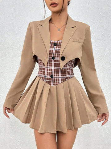 Women's Plaid Patchwork Spaghetti Strap Dress With Short Jacket Two Piece Set