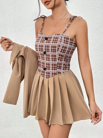 Women's Plaid Patchwork Spaghetti Strap Dress With Short Jacket Two Piece Set