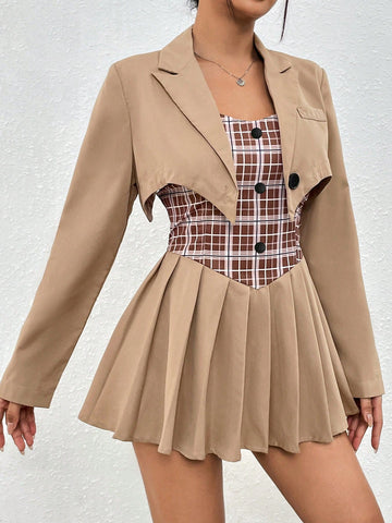 Women's Plaid Patchwork Spaghetti Strap Dress With Short Jacket Two Piece Set