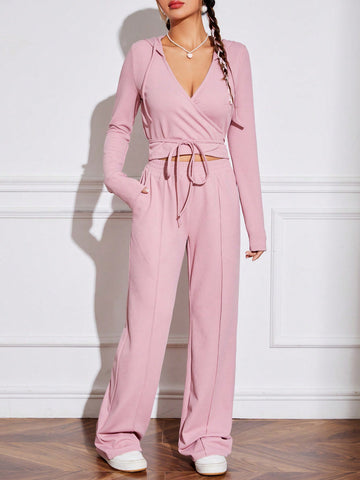 Women's Plain Drawstring Hooded Top And Pants Set