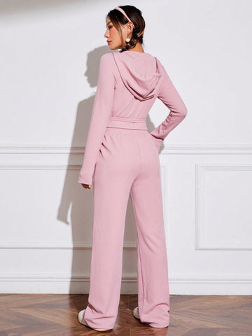 Women's Plain Drawstring Hooded Top And Pants Set