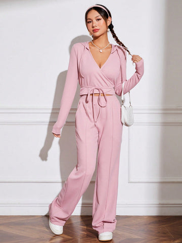 Women's Plain Drawstring Hooded Top And Pants Set