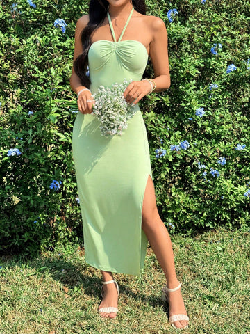 Women's Plain Single Color Side Slit Halter Neck Maxi Dress