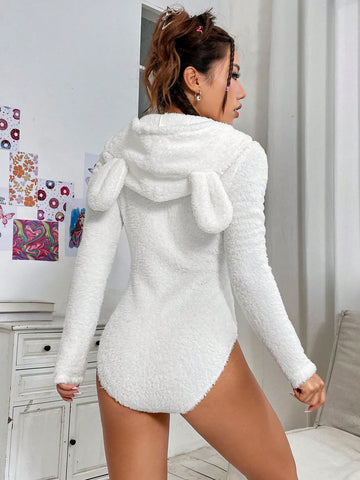 Women's Solid Color 3d Ear Design Hooded Fleece Bodysuit With Belt