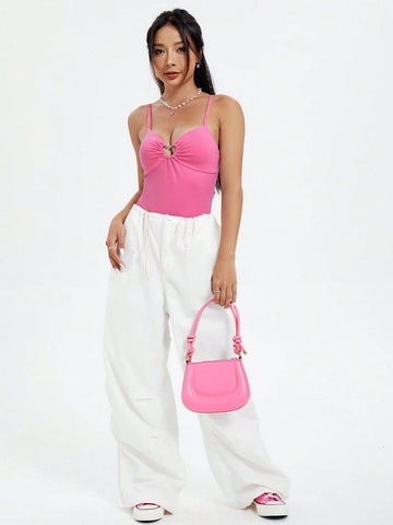 Women's Solid Color Hollow Out Heart Shaped Cami Bodysuit