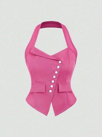 Qutie Women's Solid Color Sleeveless Top With Asymmetrical Hem And Backless Design, Summer Sexy