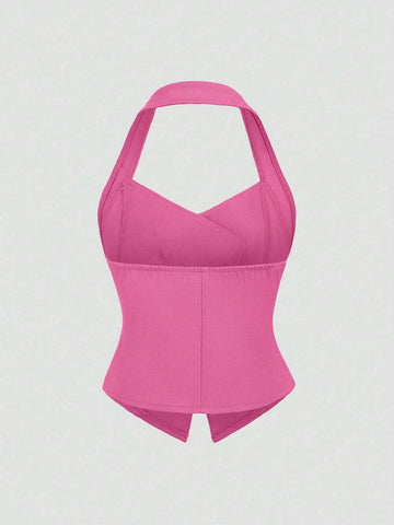 Qutie Women's Solid Color Sleeveless Top With Asymmetrical Hem And Backless Design, Summer Sexy