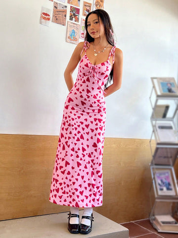 Women's Spaghetti Strap Heart Print Dress