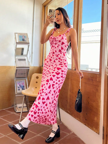 Women's Spaghetti Strap Heart Print Dress