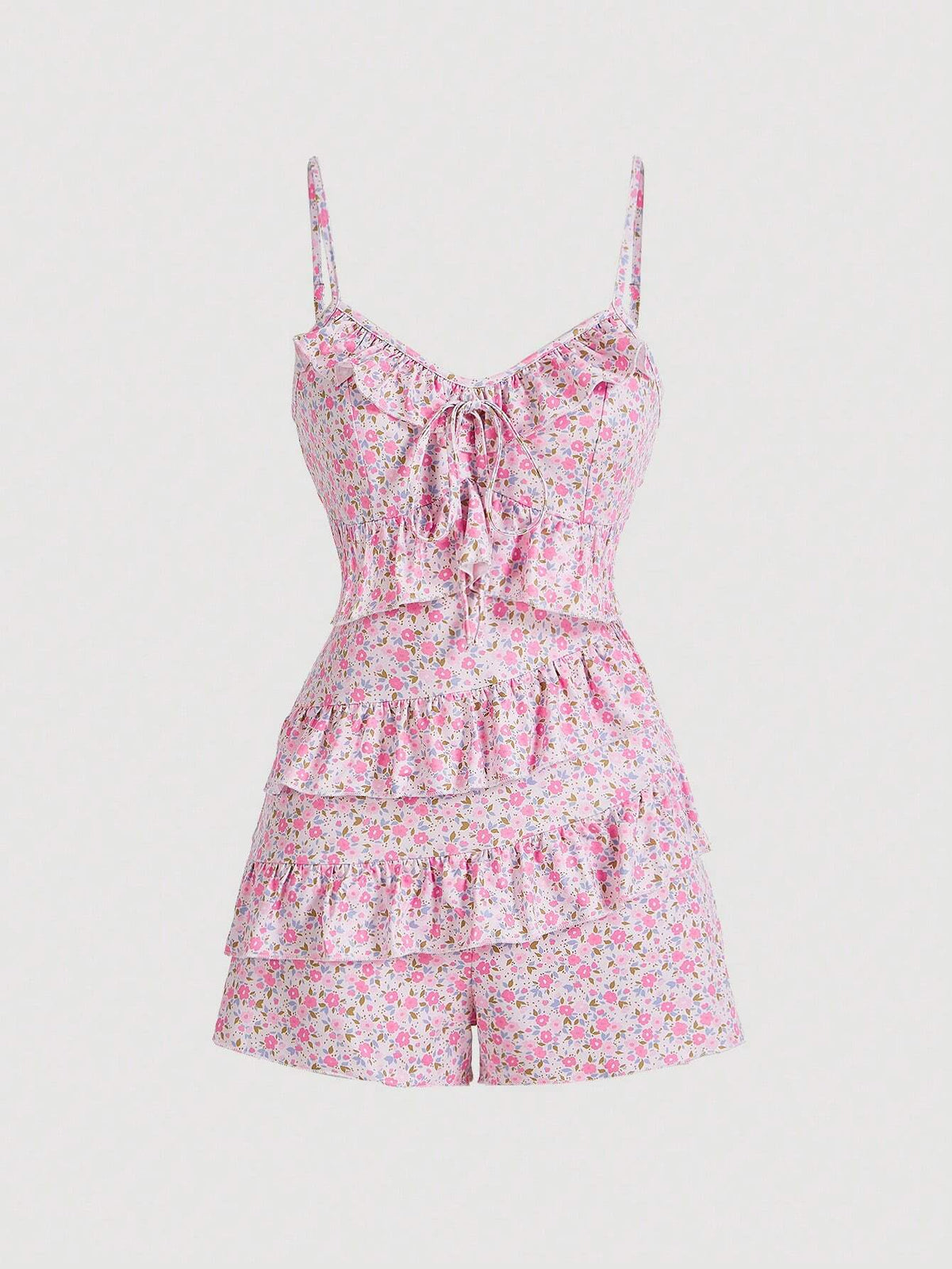 Women's Splicing Ruffle Hem Small Floral Print Cami Romper