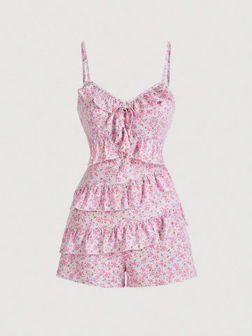 Women's Splicing Ruffle Hem Small Floral Print Cami Romper