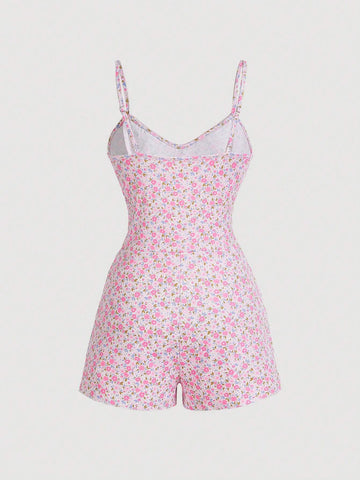 Women's Splicing Ruffle Hem Small Floral Print Cami Romper