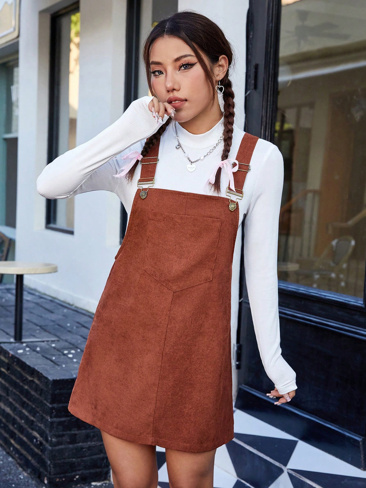 Women's Stand Collar Long Sleeve T-shirt And Suspender Skirt Set