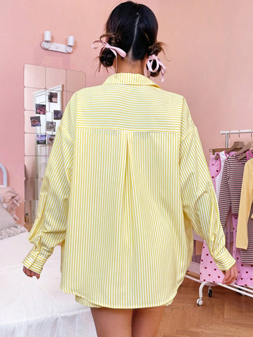 Women's Striped Patchwork Pocket Shirt And Shorts Set