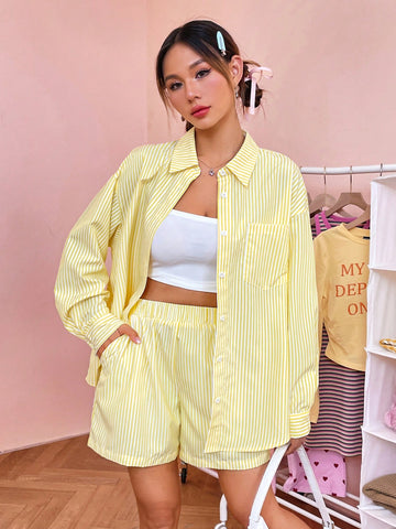 Women's Striped Patchwork Pocket Shirt And Shorts Set