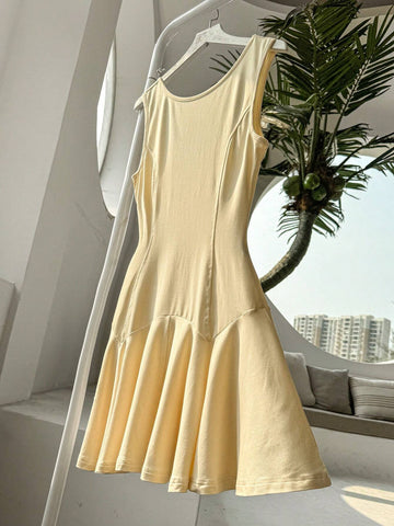 Women's Summer Solid Color Round Neck Sleeveless Ruffled Hem Dress