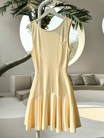 Women's Summer Solid Color Round Neck Sleeveless Ruffled Hem Dress