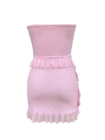 Women's Summer Solid Color Ruffled Strapless Top And Skirt Two-Piece Set