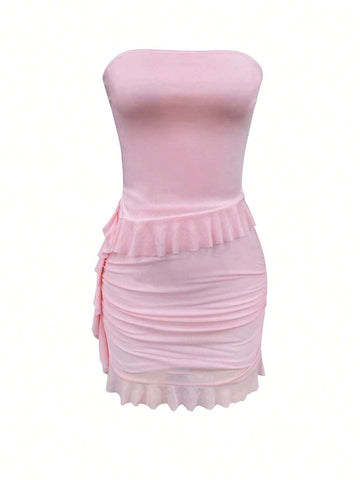 Women's Summer Solid Color Ruffled Strapless Top And Skirt Two-Piece Set