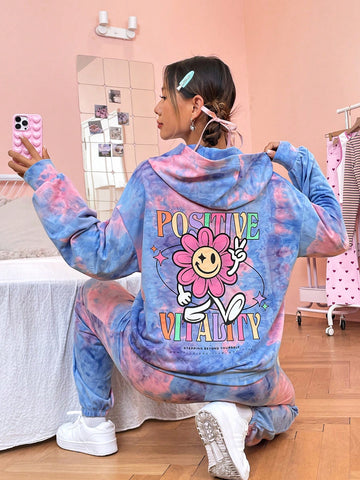 Women's Tie Dye Graphic Print Hoodie And Pants Set