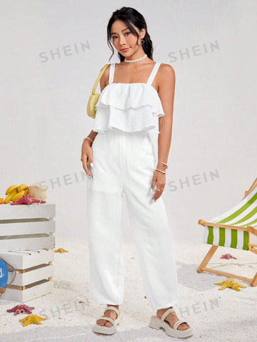 Women's Wide Shoulder Strap Jumpsuit With Elastic Waist And Loose Pleated Fabric, Featuring Ruffled Front Panel