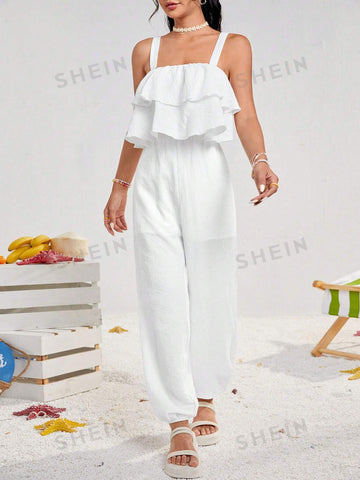 Women's Wide Shoulder Strap Jumpsuit With Elastic Waist And Loose Pleated Fabric, Featuring Ruffled Front Panel
