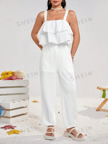 Women's Wide Shoulder Strap Jumpsuit With Elastic Waist And Loose Pleated Fabric, Featuring Ruffled Front Panel