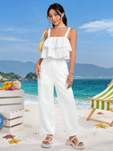 Women's Wide Shoulder Strap Jumpsuit With Elastic Waist And Loose Pleated Fabric, Featuring Ruffled Front Panel