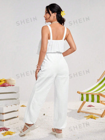 Women's Wide Shoulder Strap Jumpsuit With Elastic Waist And Loose Pleated Fabric, Featuring Ruffled Front Panel