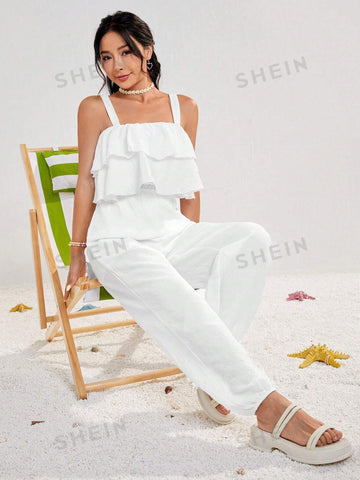 Women's Wide Shoulder Strap Jumpsuit With Elastic Waist And Loose Pleated Fabric, Featuring Ruffled Front Panel