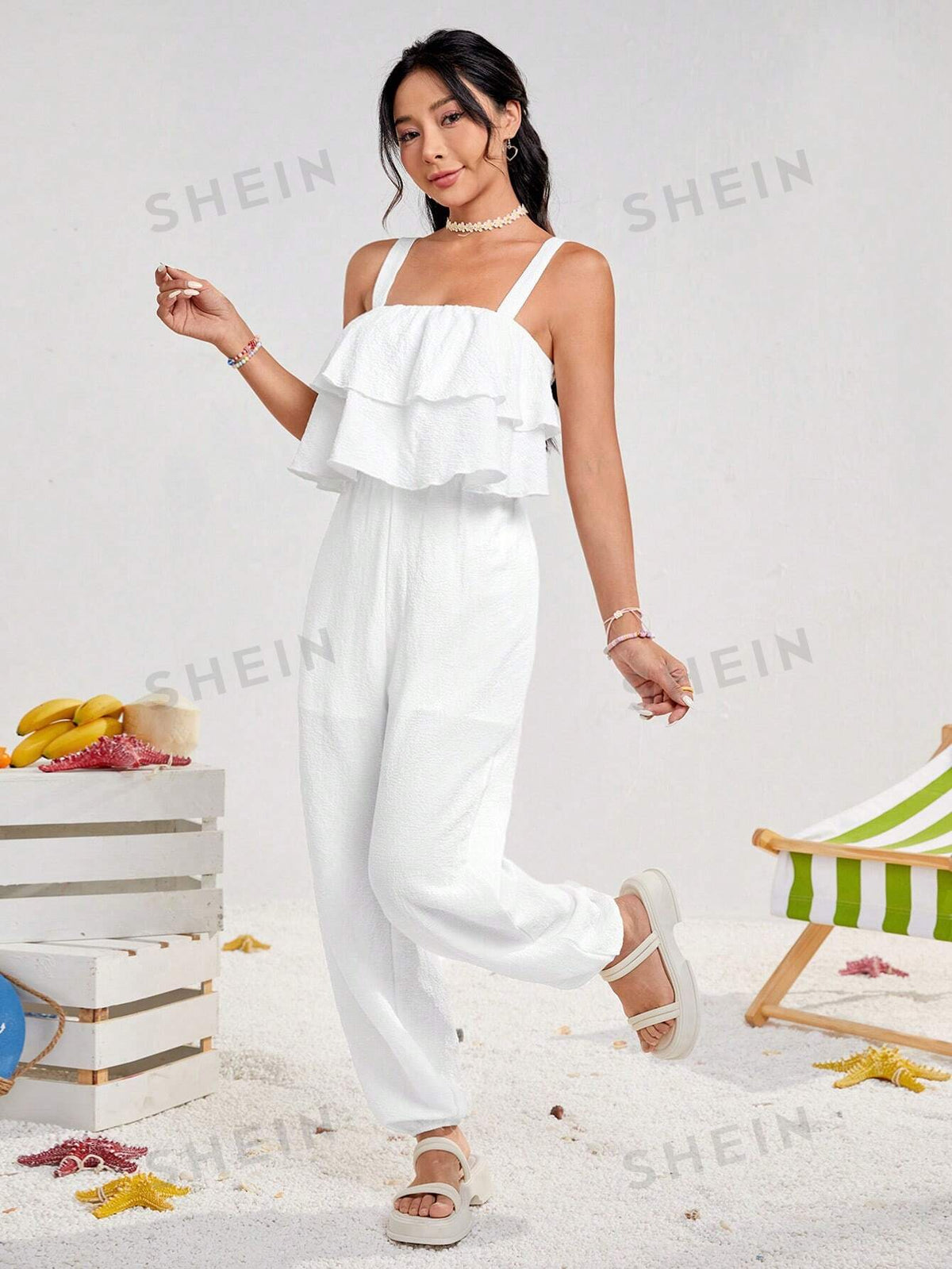 Women's Wide Shoulder Strap Jumpsuit With Elastic Waist And Loose Pleated Fabric, Featuring Ruffled Front Panel