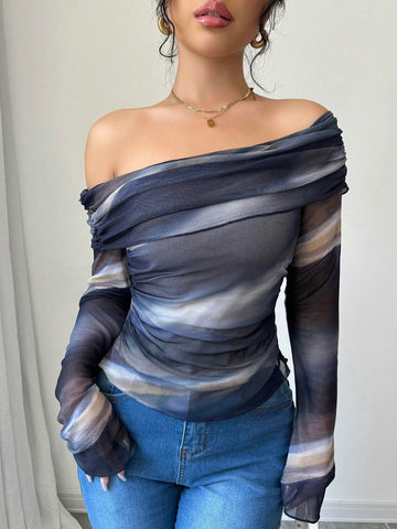 1pc Fashionable Tie-Dye Off-Shoulder Mesh T-Shirt, Spring/Autumn