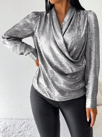 Raffinéa 1pc Solid Color Oblique Collar Puff Sleeve Satin Velvet Blouse