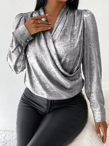 Raffinéa 1pc Solid Color Oblique Collar Puff Sleeve Satin Velvet Blouse