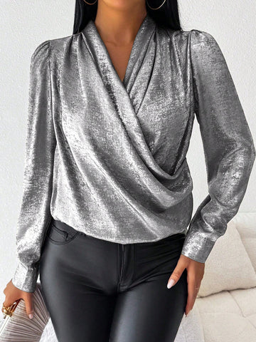 Raffinéa 1pc Solid Color Oblique Collar Puff Sleeve Satin Velvet Blouse