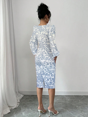 2pcs Blue Striped Floral Lantern Sleeve Top And Pencil Mini Skirt Suit