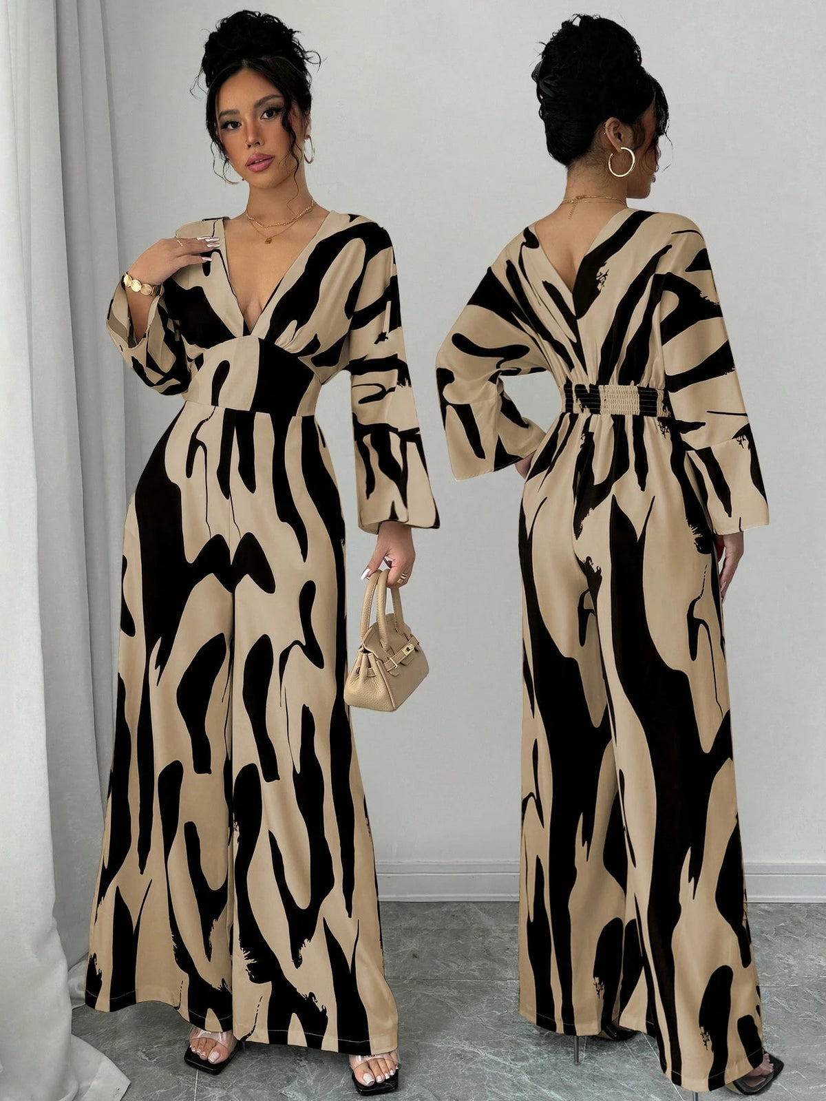 Asymmetrical Black & White Print Shirred Jumpsuit For Women, Drawstring Waist Wide Leg Casual Commuter Jumpsuit For Ladies